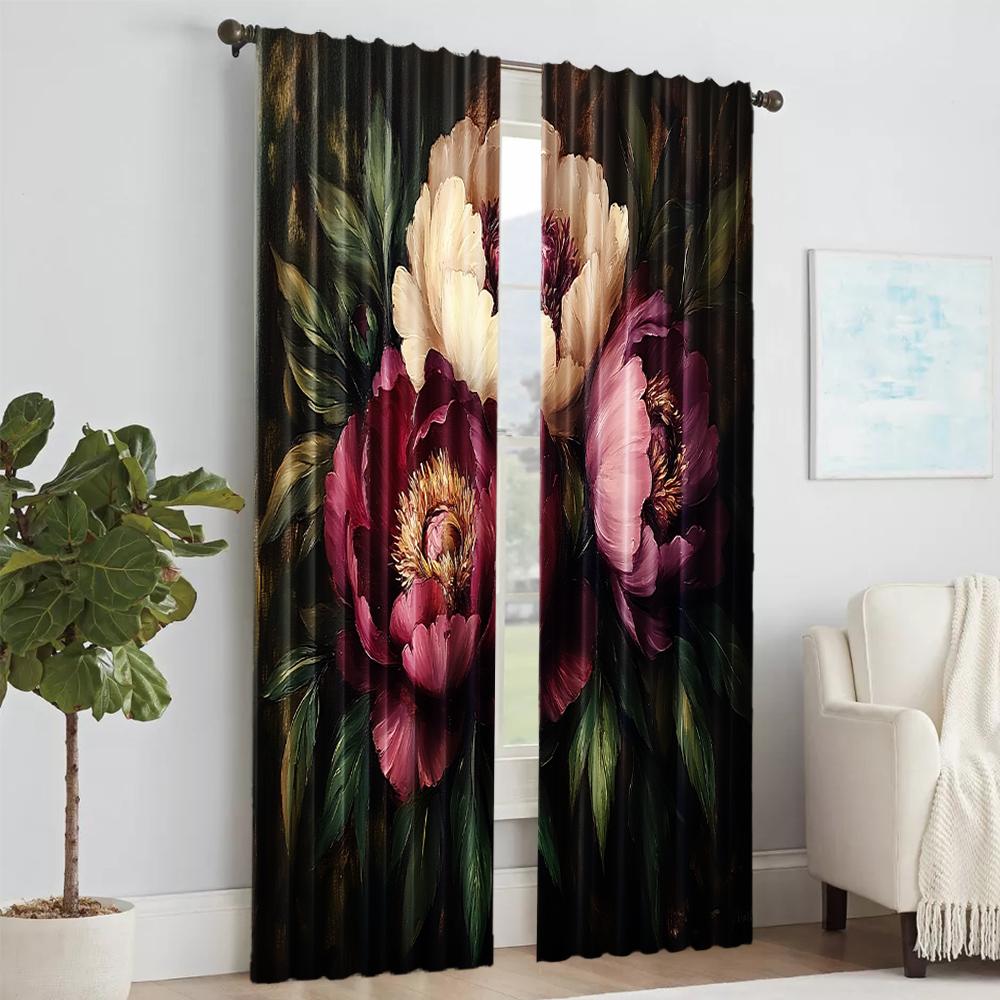 2 pcs   versatile polyester transparent curtains for home decoration Romantic Peony Floral for use in bedrooms and living rooms
