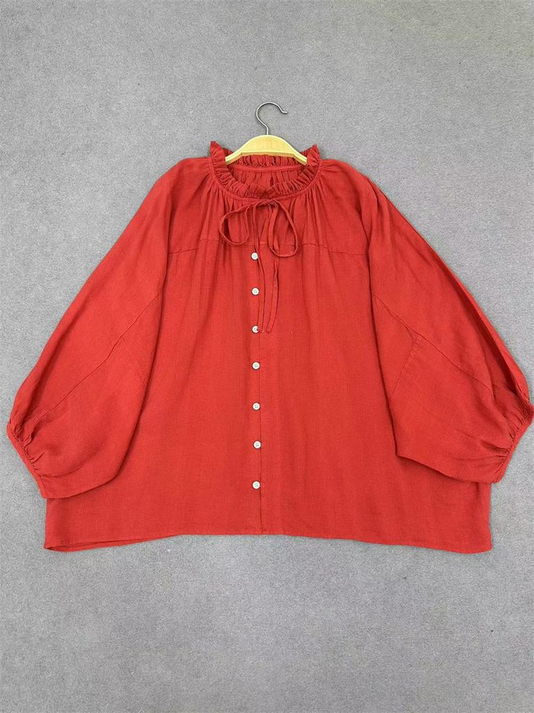 Johnature Japanische Casual Loose Bat Shirts Einfarbige Shirts Sommer Vintage Rüschen Kragen Krawatte Tops Frauen