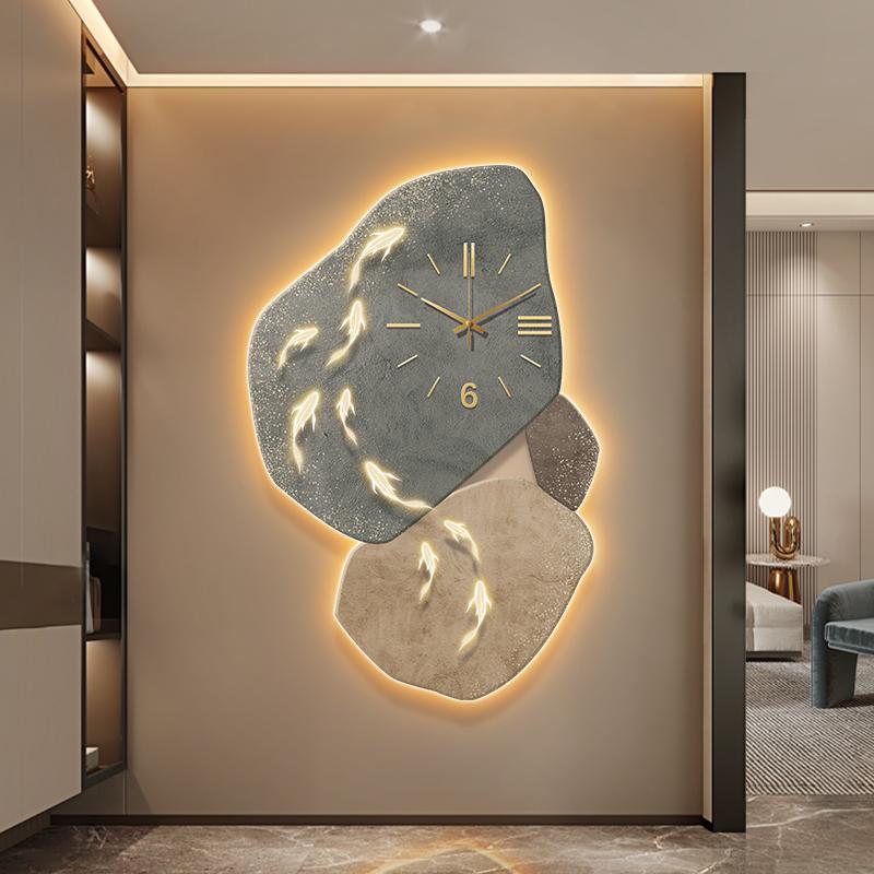 Nine Fish Map Wall Clock Luminous Advanced entrance wall decoration Modern Light Luxury Corridor Aisle Hanging Painting Clock
