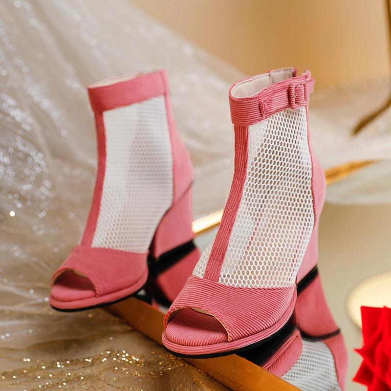 

2024 Новая женская обувь Сандалии на высоком каблуке с сеткой Тренд Удобные женские сандалии для отдыха на открытом воздухе Сандалии с открытым носком на молнии Fish Mouth