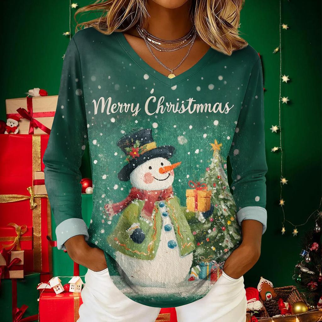 Women's Christmas Print Casual V-Neck Long Sleeve Top