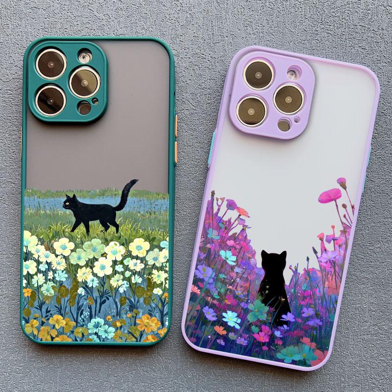 Black Cat Landscape Phone Case For iPhone 16 17 Pro Max 15 14 Pro Max Plus 13 12 Mini 11 Pro Max Cartoon Shockproof Back Covers