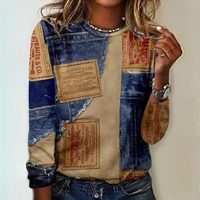 Tricouri cu mâneci lungi cu imprimeu de cowboy falși 2024, tricou pentru femei, topuri, tendință de toamnă, din bumbac, îmbrăcăminte pentru femei, pulover