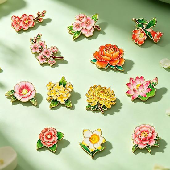 Flower Gods Brooch, Metal Pin Badge with UV Printed, Peony Plum Blossom Design Lapel Pin for Hanfu And Chinese Style Wear