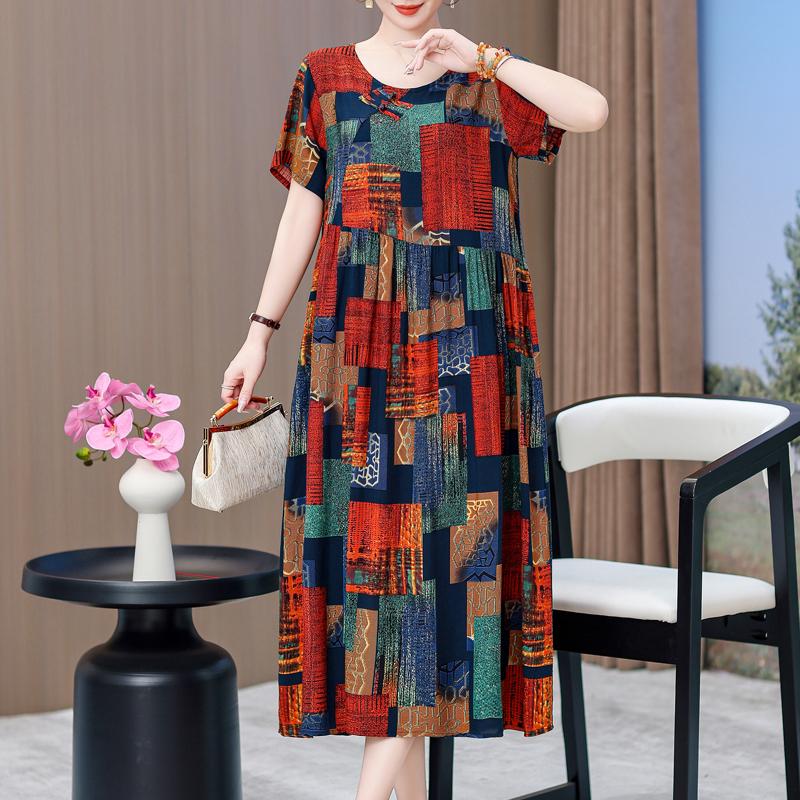 Elegant Dresses for Women Plus Size Loose Casual Vintage Print Long Dress With Sleeves Summer Middle-aged Women's Clothing