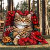 1pc Cat Floral Print Print Outdoor Blanket, Lightweight Polyester,