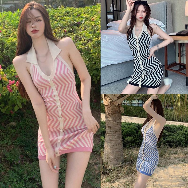 

Женские полосатые узкие вязаные платья без рукавов с V-образным вырезом и лацканами