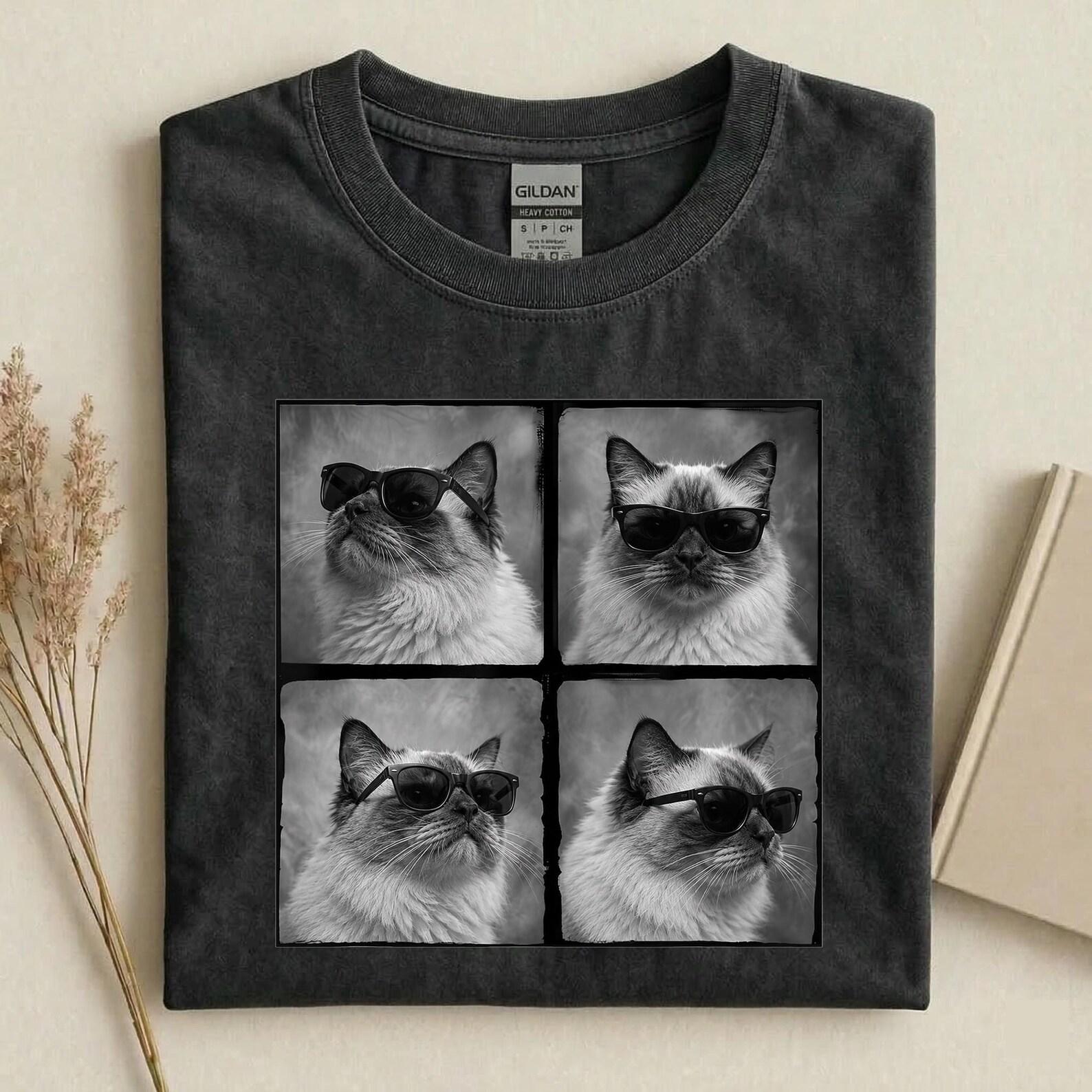Cool Cat Sunglasses Shirt, Funny Cat Photo Collage Tee, Black and White Cat Lover Gift, Trendy Feline Graphic T-Shirt, Cute Kitty Shirt S