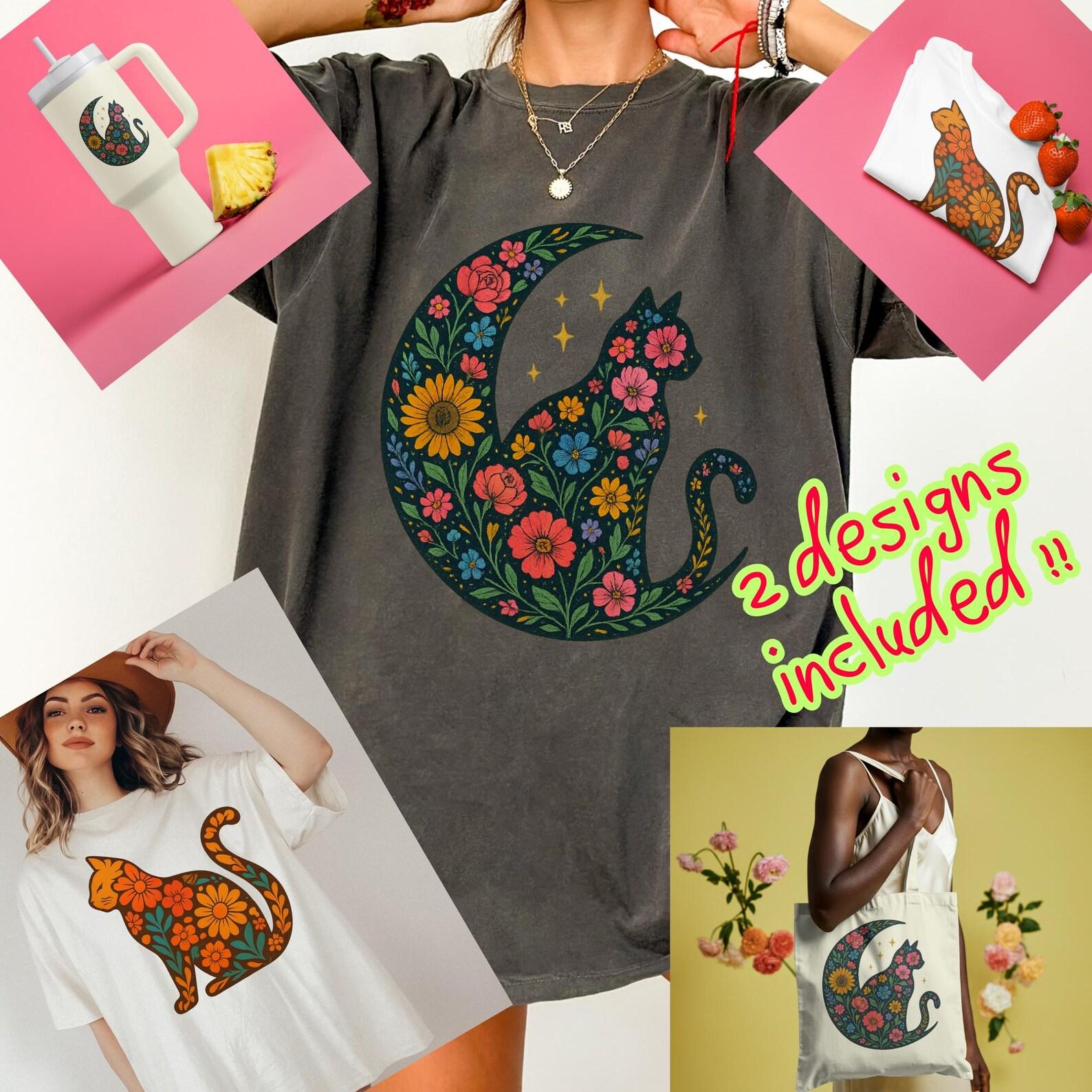 Floral Cat PNG Bundle: Mystical Moon & Retro Boho Designs (Digital Download 2XL
