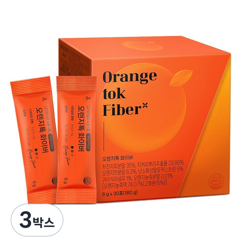 Bareun Orange Tok Fiber, Orange Flavored Psyllium Husk, 180g, 3 Boxes