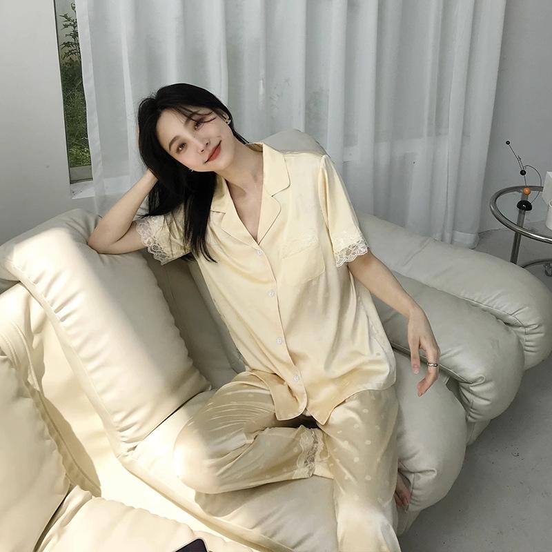 

Женский летний костюм для пижамы из ледяного шелка, тонкий стиль, брюки с короткими рукавами в горошек, домашний комплект из двух предметов M