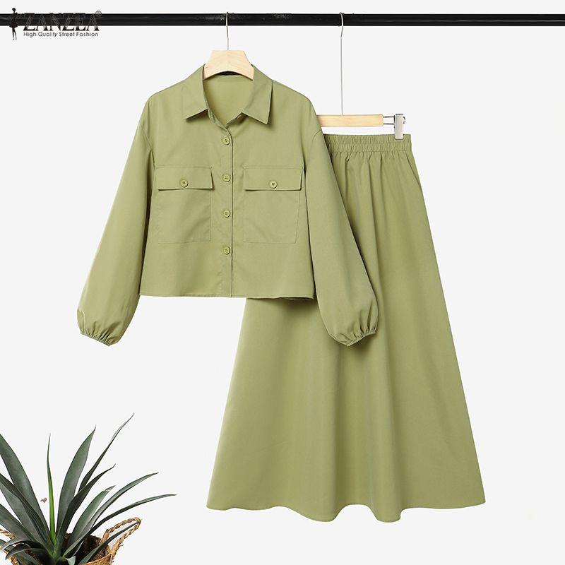 ZANZEA Women Two Piece Outfit Solid Color Button Down Long Sleeve Shirt and A Line Midi Skirt Sets