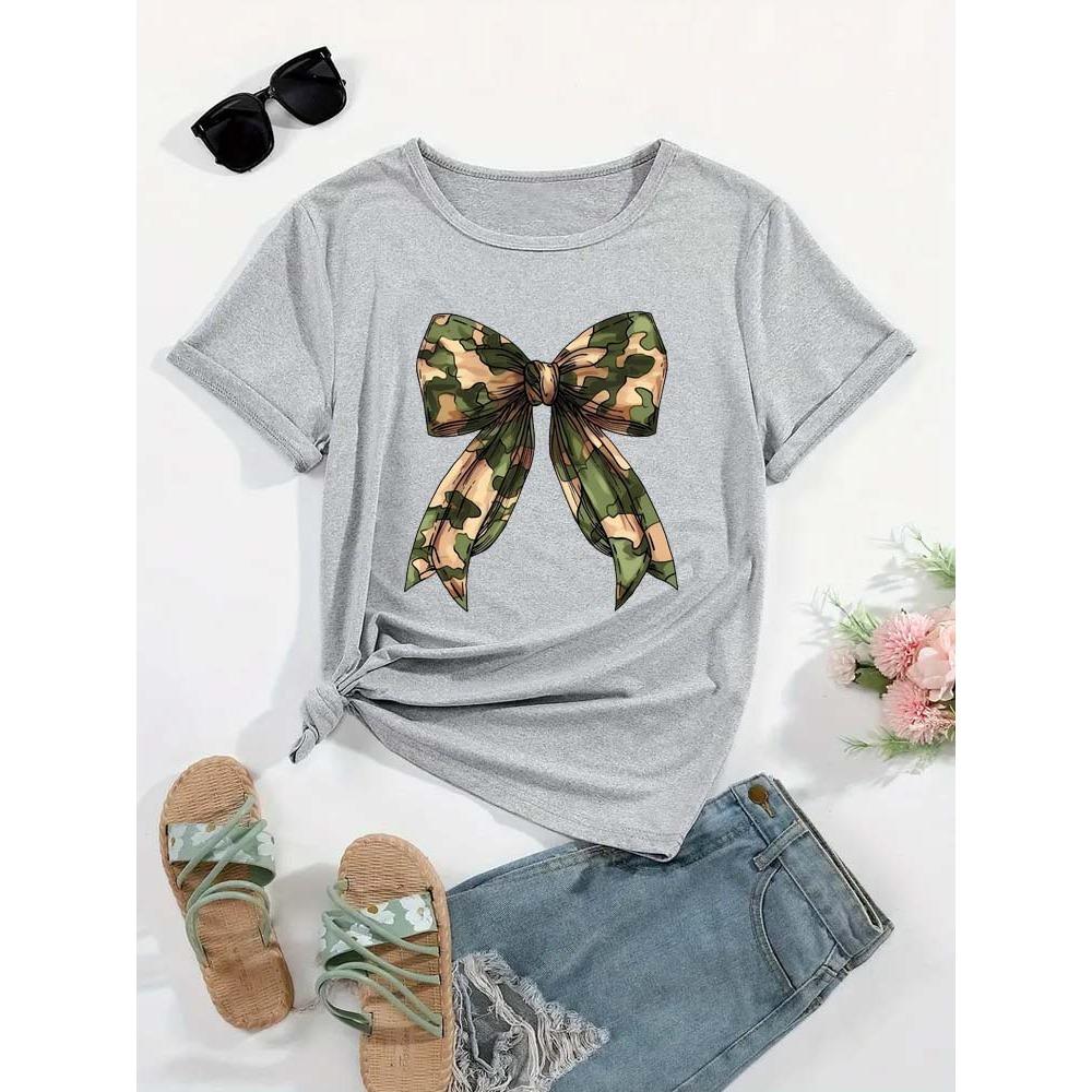 Summer New 90s Leopard Print Bow Short Sleeve Print Clothing Women's T-Shirt Harajuku Graphic Clothing Women's Top Tee