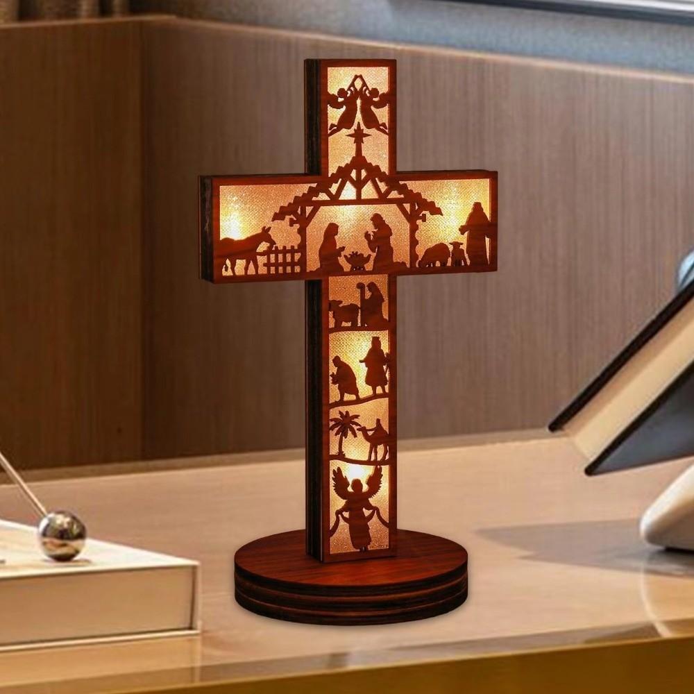 Wooden Decoration Desktop Cross Ornament Handcrafted Luminous Ornament  Easter Party