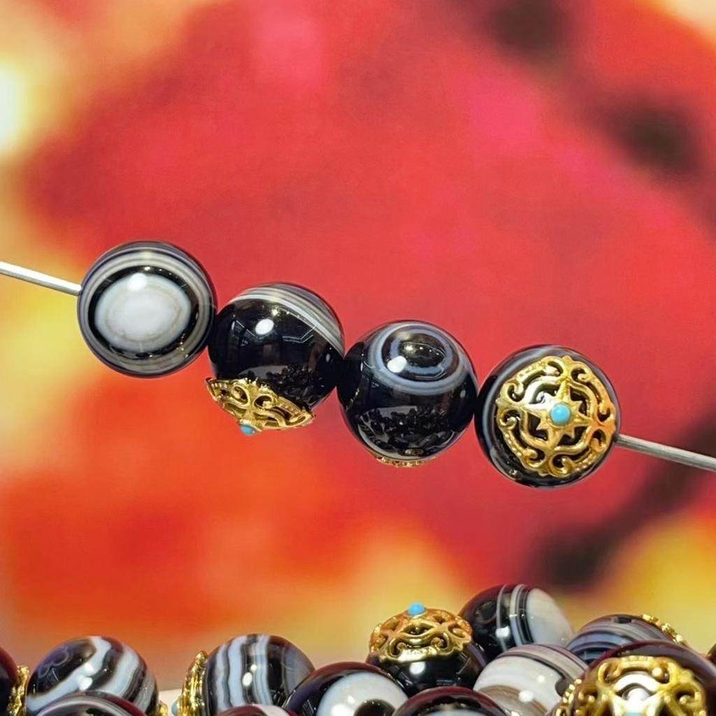 5Pcs, Tibetan Dzi Beads, Golden-Plated Carved Decor with Gemstone Inlay, Ethnic Style DIY Bracelet Necklace Jewelry Spacer, Loose Beads 12×14mm