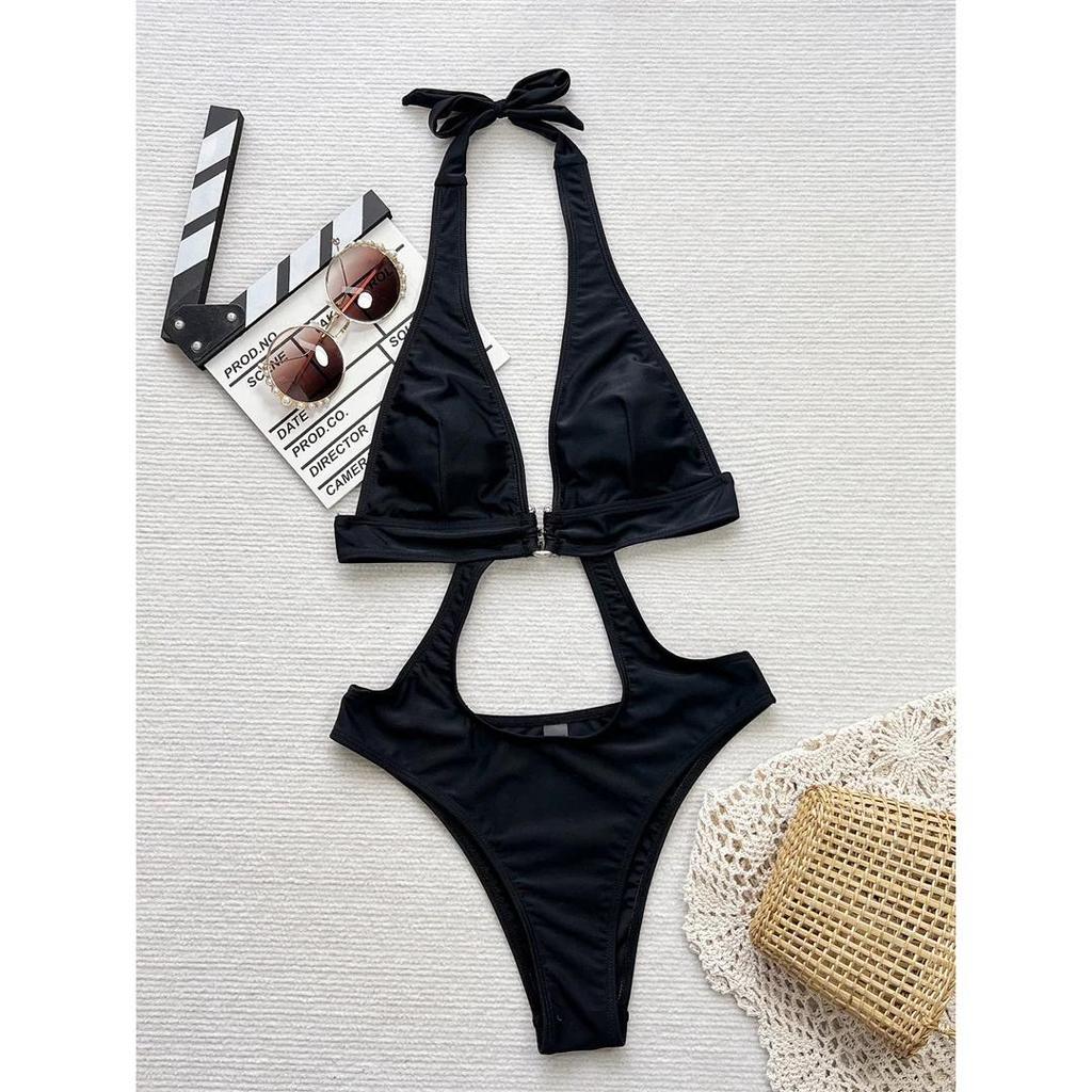 Sexy Tummy Cut Out Halter Backless One Piece Swimsuit Women Swimwear Female High Leg Cut Monokini Bather Bathing Suit Swim