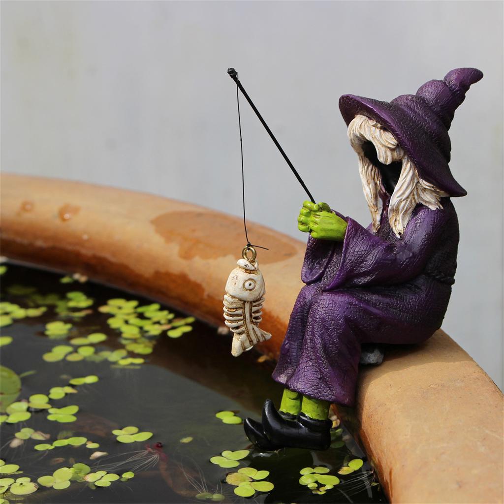Halloween Fishing Witch Statue, 4.6" Tall Fishing Witch Ornament, Resin Sitting Witch Figurine Outdoor Decor For Garden Yard Lawn Pond