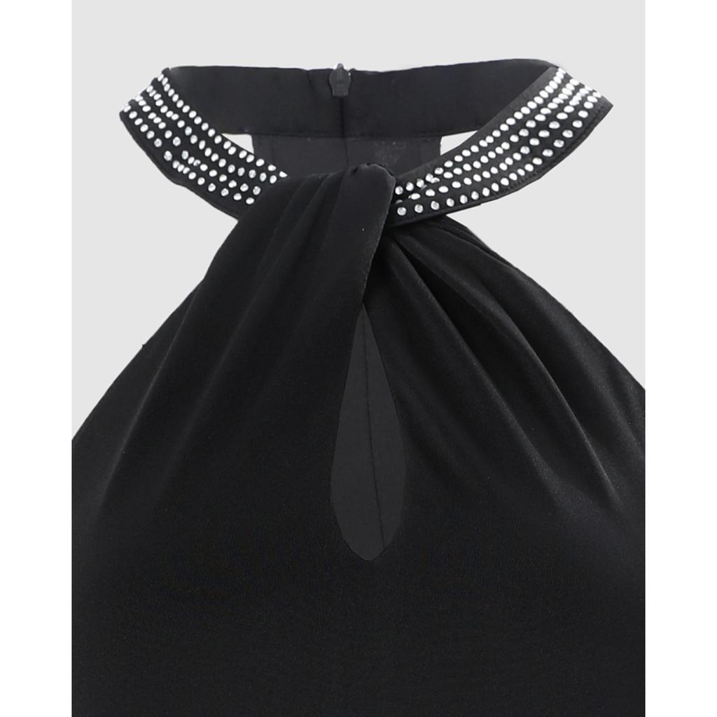 Women's Halter Sleeveless Maxi Dress Bodycon Mid Rise Elegant Rhinestone Slit Party Dress