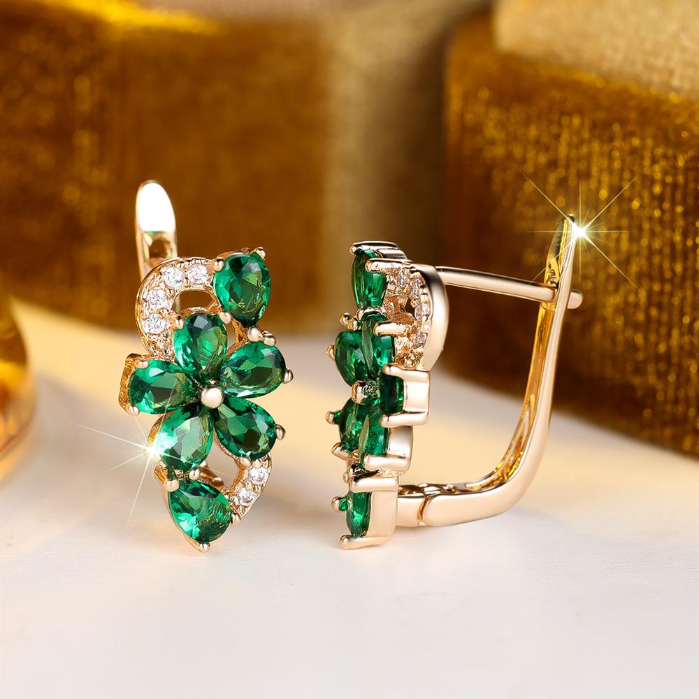 Exquisite Blue Green Purple Pink Zircon Flowers Drop Earrings for Women Gold Color Wedding Party Jewelry Gift