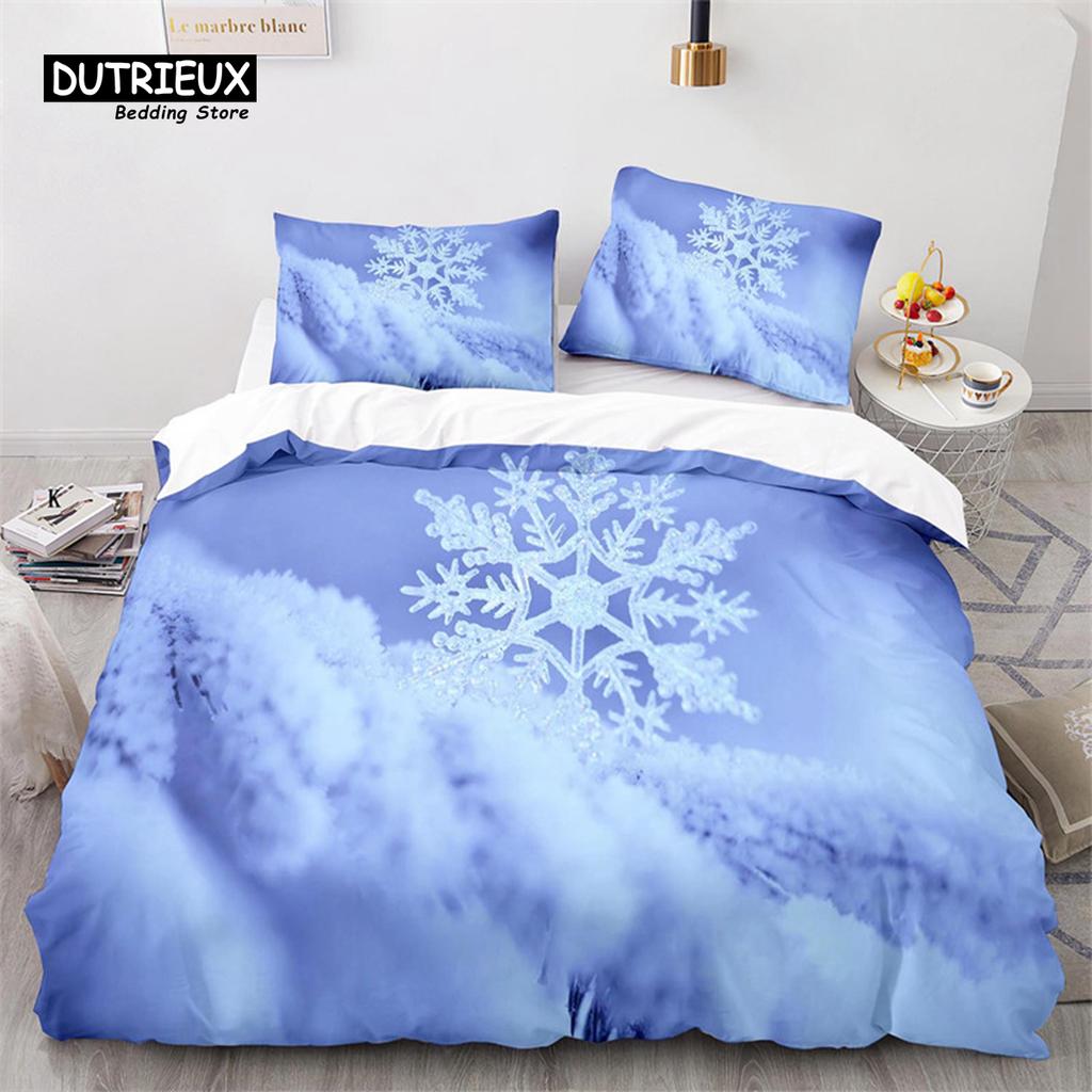 Schneeflocken Bettbezug Winterthema Geometrisches Muster Bettwäscheset Mikrofaser Blau Floral Quiltbezug Für Mädchen Junge Weihnachtsdeko