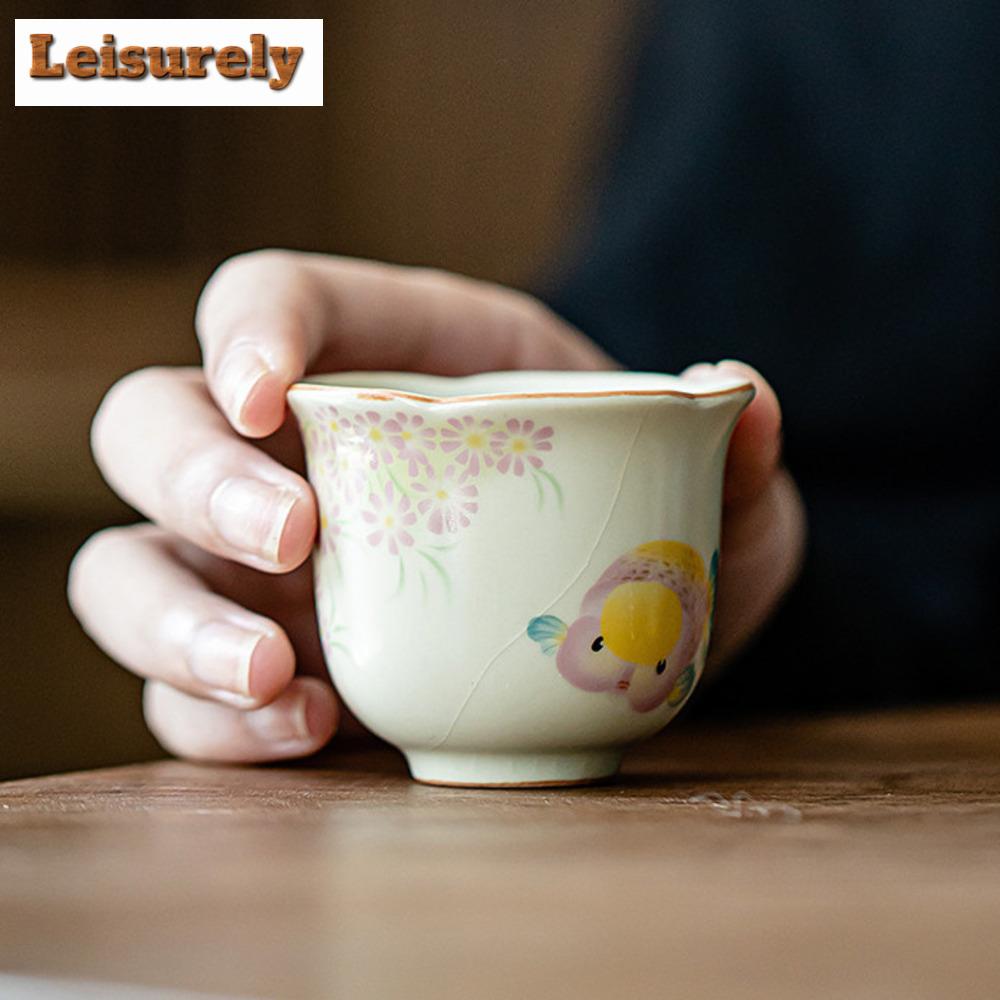 2pc/set Retro Ru Kiln Ceramic Teacup Creative Golden Fish Master Cup Small Flower Mouth Cup Can Raise Mug Kung Fu Tea Set 50ml