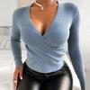 V-Neck Women's Ribbed Knit Slim Fit Cross Blouse Shirt Top