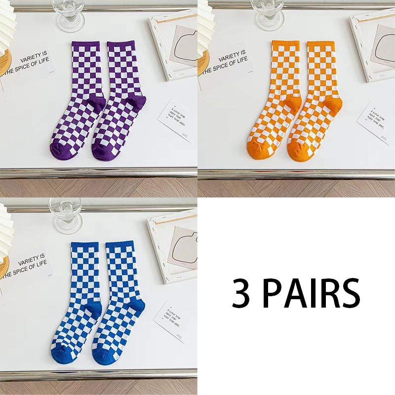 3 Pairs Women Cotton Socks Funny Black White Squares Plaid Casual Socks Breathable Middle Tube Socks