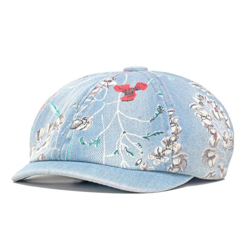 

Берет женский джинсовый принт с цветочным принтом восьмиугольная шляпа расписная шляпа британская шляпа вперед кепка газетчика светло-синий