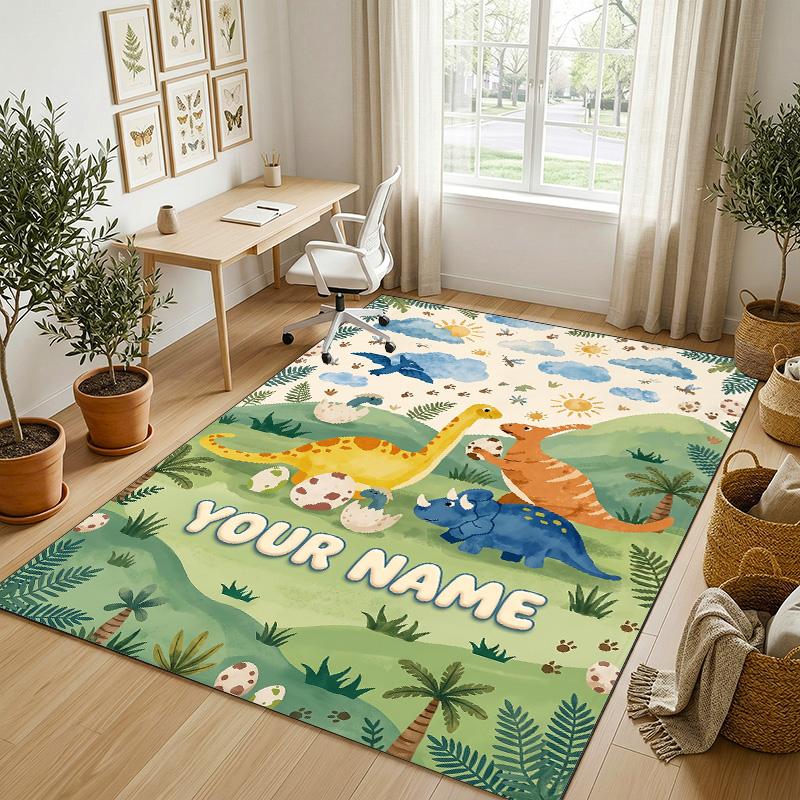 Dinosaur Theme Crystal Velvet Rug Personalized Custom Name Text Soft Floor Mat Home Decor