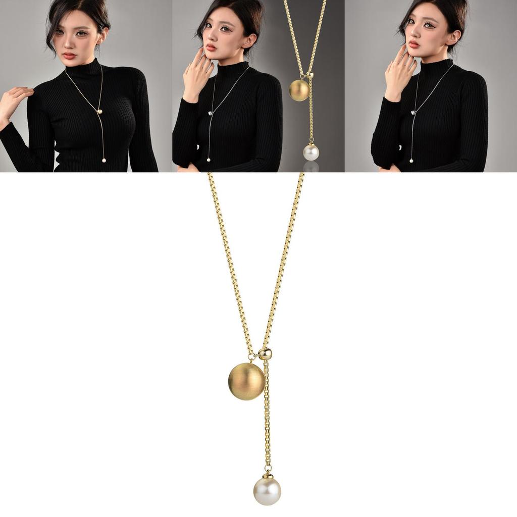 Chic Pull And Slide Pearl Long Pendant Necklace With Sleek Snake Chain For Fashionable Women
