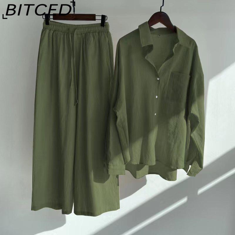 BITCED Women's 2-piece Vintage Plus-size Cotton and Linen Shirt Set High-waisted Loose Trousers