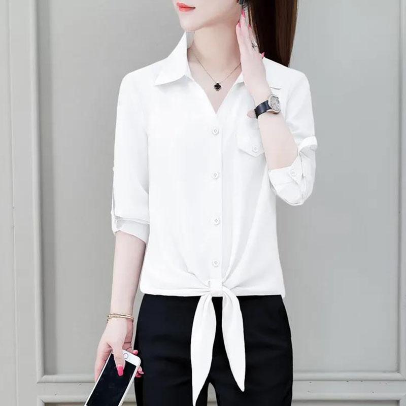 Women's Polo-Neck Blouse Summer New Basic Commuter Single-breasted Solid Color Shirt Fashion Female 3/4 Sleeve Lacing Tops