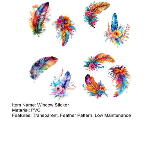 Watercolor Feather Flower Pattern Window Sticker, Transparent Electrostatic Adhesion Glass Decal, Waterproof Scratch-Resistant Decorative Film