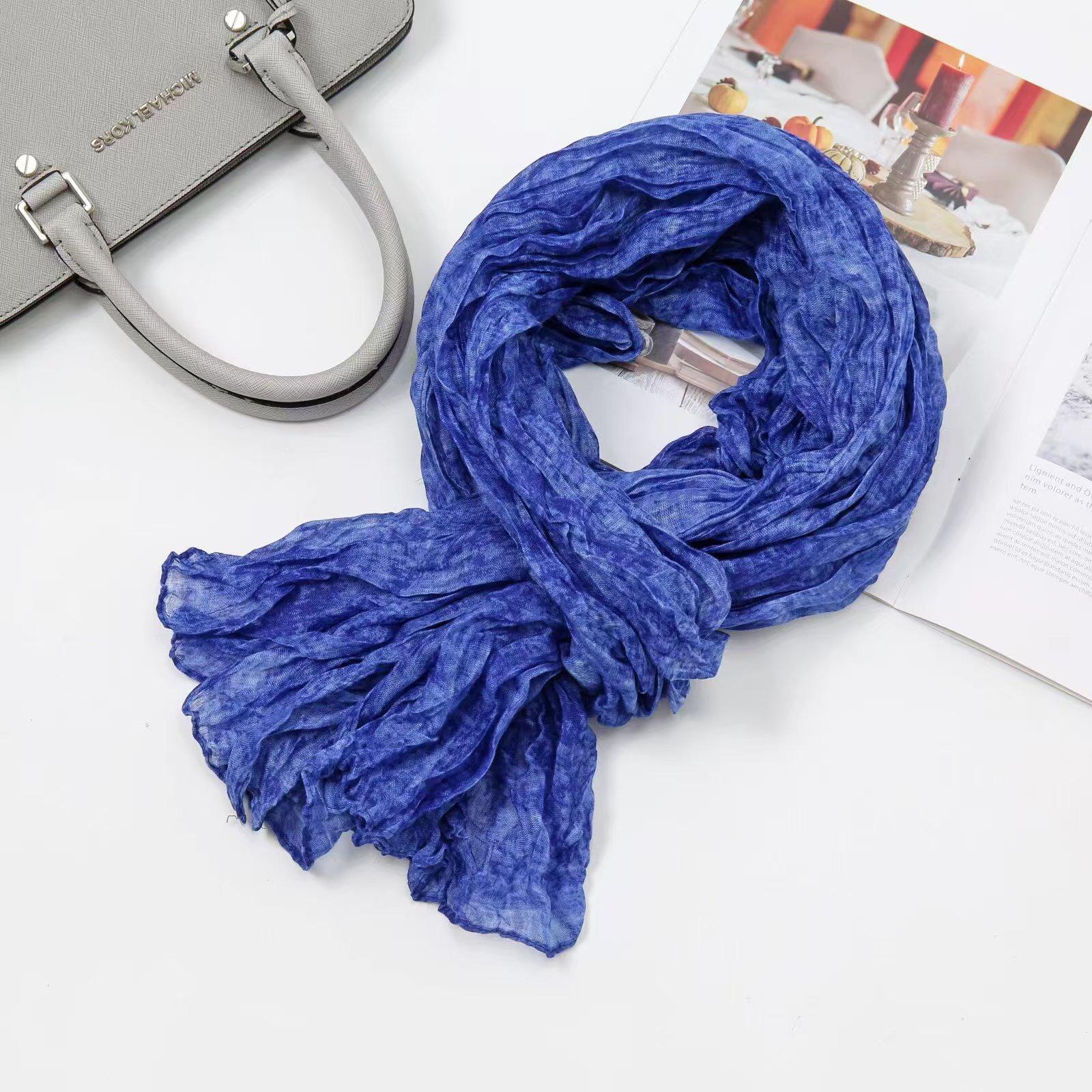 

Solid Green Cotton Linen Vintage Pleated Scarf Shawl Autumn Winter Unisex Thin Long Neck Wrap Warmth Breathable Lightweight Length 180cm сапфіровий