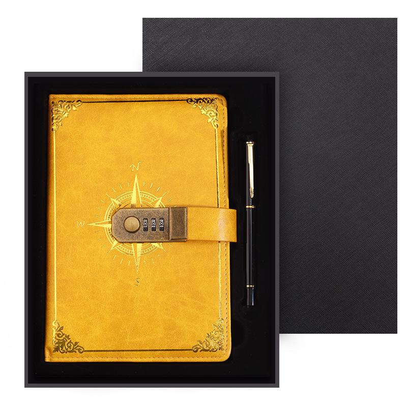 Zestaw notesu A5 w stylu retro z hasłem w pudełku prezentowym: Dziennik spotkań biznesowych z możliwością personalizacji logo.