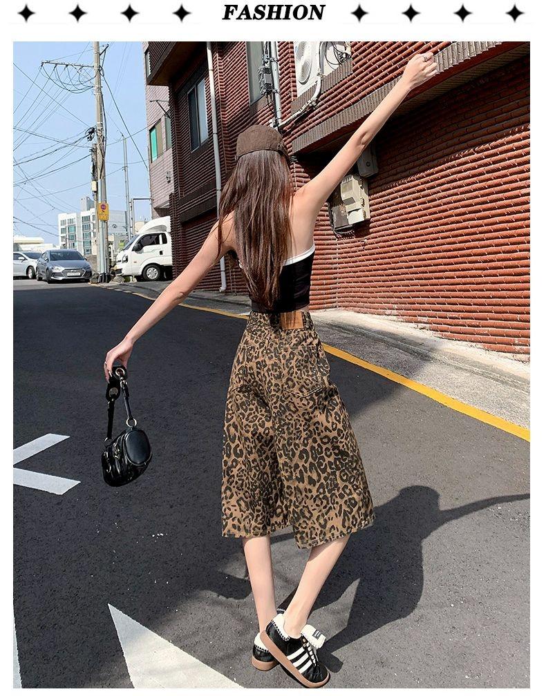 Gedijie leopard print wide leg denim shorts, women's high waisted versatile casual loose straight leg pants