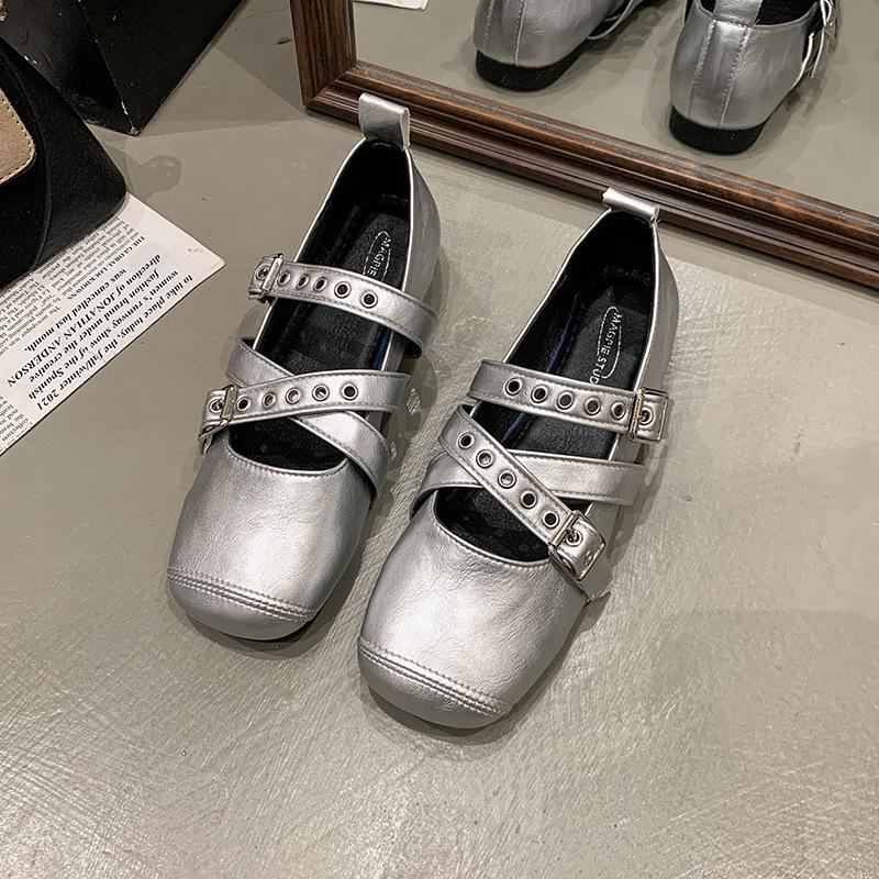 Fashion Retro Ballet Shoes Women's 2025 Summer Cross-buckle Shallow Mouth Square Head Single Shoes Versatile Flat Mary Jane Shoes
