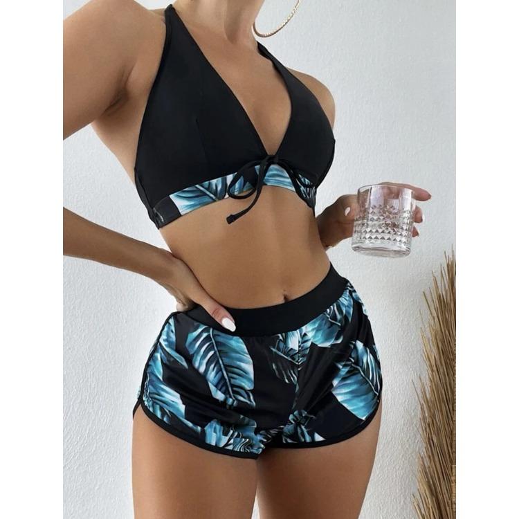 Women 2025 New Bikinis 6 Colors Sexy Halter Bikini 3 Piece Set Leafs Print High Waisted Swimsuit Beach Bathing Suit Size S-XXL