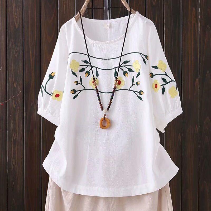 Summer Women Fashionable Retro Embroidered Cotton Linen T-shirt Women's Summer Outfit Ethnic Plus Size Loose Short Sleeved