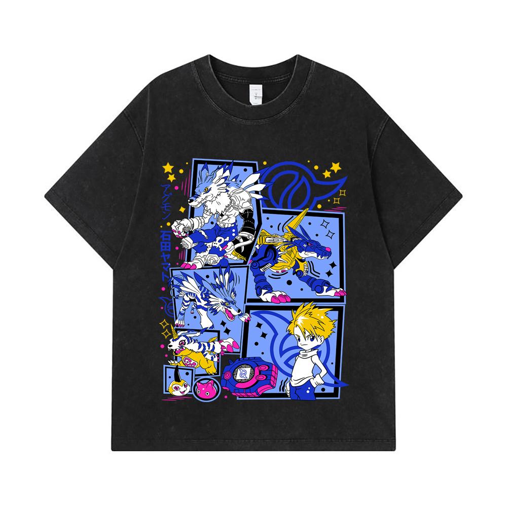275 GSM Washed T-shirts 100% Cotton Digimon V2 Garurumon Print Unisex Heavy Cotton T Shirt
