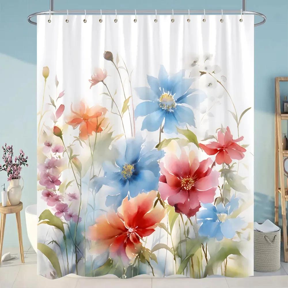 Tropiska Gröna Botaniska Duschdraperi Floral Fjäril Tvättbart Hängande Draperi Badrum Dusch och Badkar Dekor med Krokar