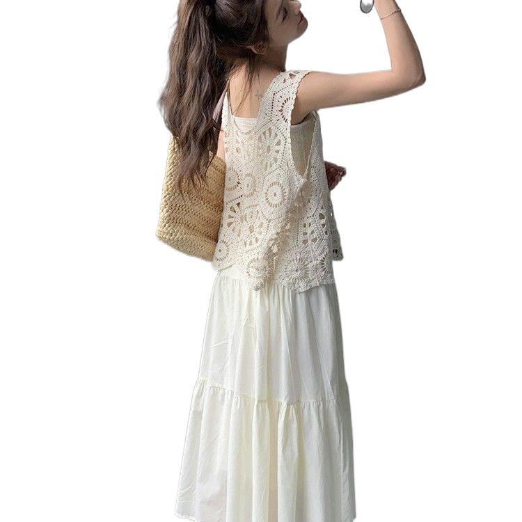 Trendy White Hollow Camisole Dress Set: Flattering Two-Piece Layered Vest & Dress