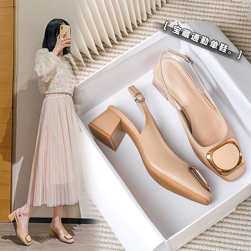 Soft Leather Bag Head Sandals Women's Summer New Thick Heel Medium Heel French Evening High Heels Large Size Women's Shoes 41-43