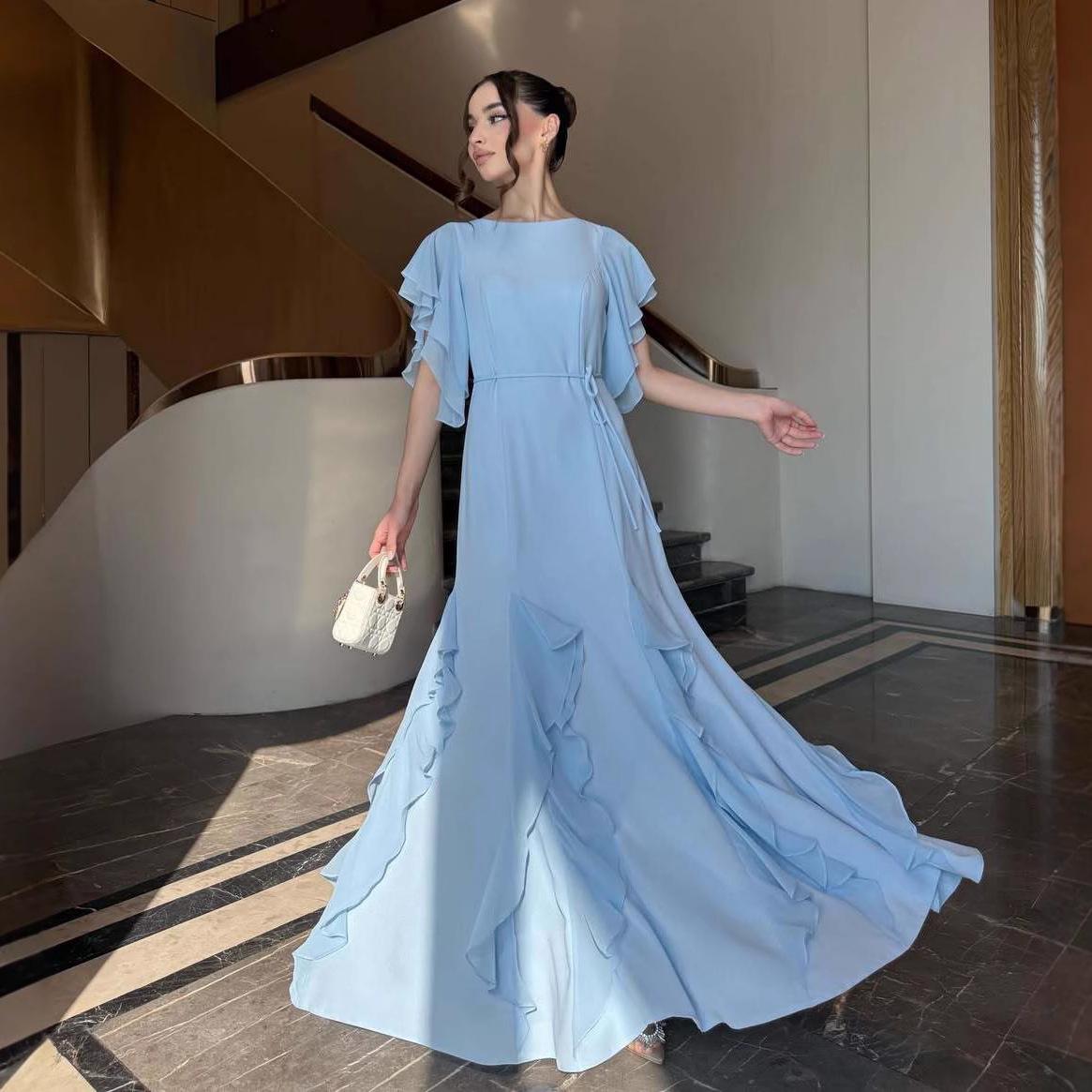 European-American 2025 Summer Women's A-Line Dress with Lace Ruffles and French Pleats cm colore azzurro