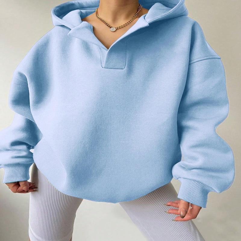 Auutmn Winter Women Solid Color Oversized V Neck Hoodie Long Sleeve Casual Pullover Sweatshirt Daily Street Outerwear Tops