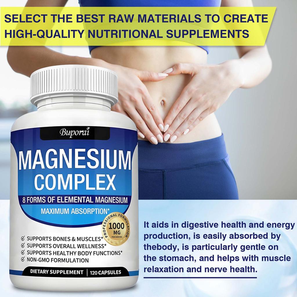 Capsule Complesse di Magnesio: Contiene glicinato di magnesio e malato di magnesio per un assorbimento e un utilizzo massimizzati.