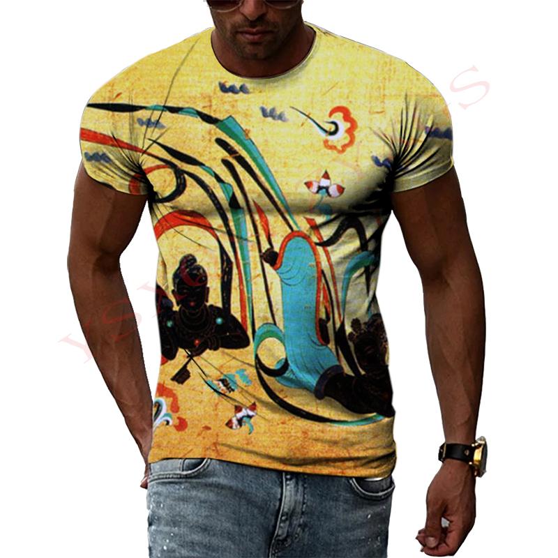 China Dunhuang Mural Graphic Shirt 3D Harajuku Print New Summer Retro Art Casual Short Sleeve Top For Men And Women Personality