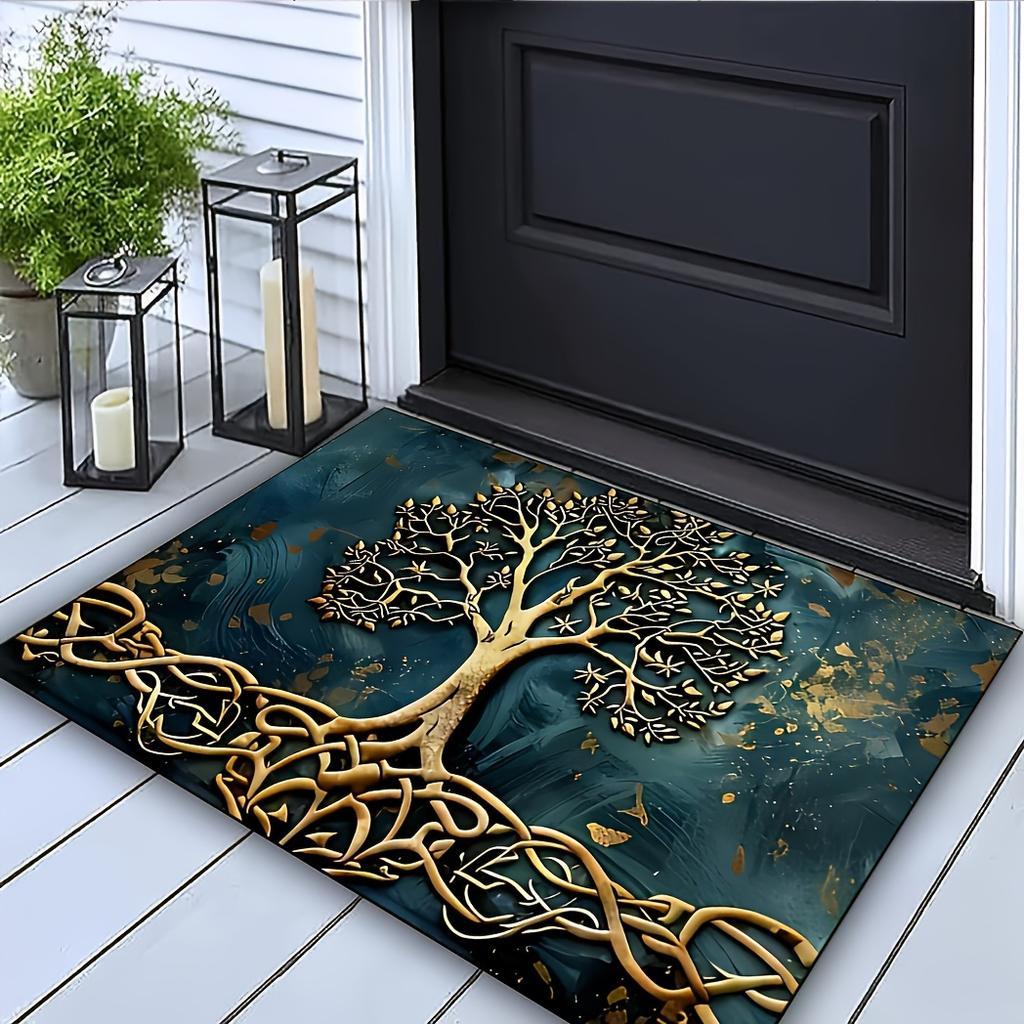 Life Tree Pattern Welcome Mat, Crystal Velvet Fabric, Silicone Backing, Rectangular Non-Slip Washable Entrance Carpet for Home, Bathroom Decor