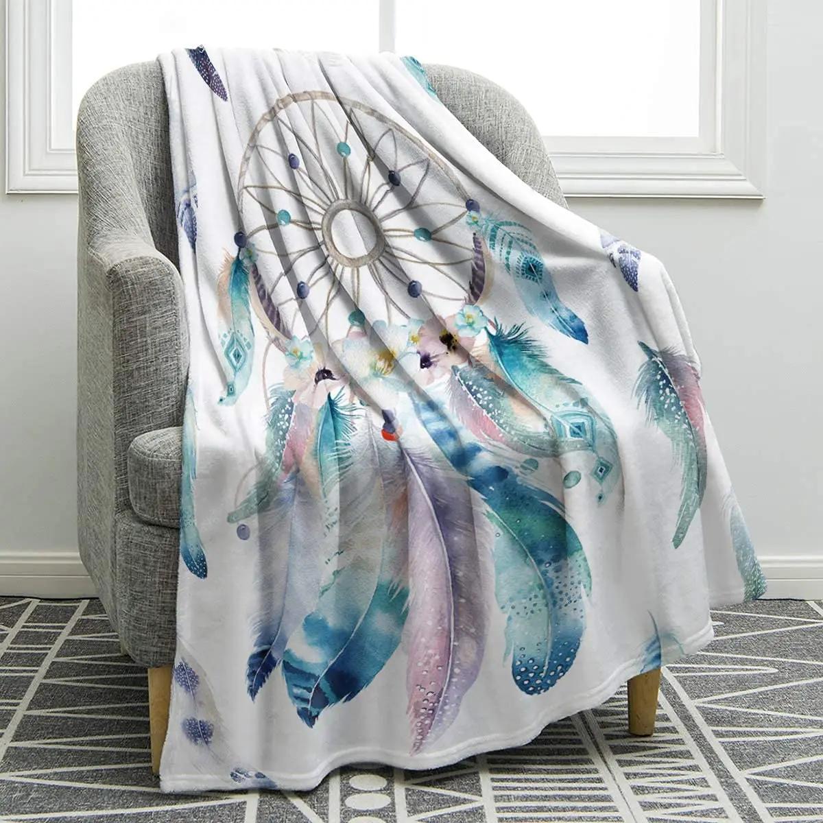 Dreamcatcher Blanket Feather Print Throw Blanket Lightweight Soft Blanket Perfect for Couch Sofa Bed Travelling Camping Gifts 75x90cm