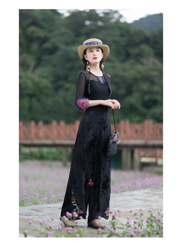 Women's Ethnic Style Wide-Leg Pants: Draped, Embroidered Waist, Retro Casual Design